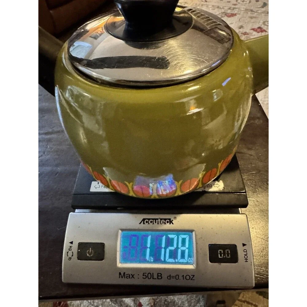 VTG 1960s enamel Teapot made in Austria Avocado Green - Orange Arching Handle